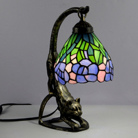 Lampe de table en verre teinté LongHuiJing de 8 pouces, base en alliage de zinc en forme de chat, lumière de bureau E26 E27 pour salle à manger, chambre à coucher, décoration intérieure