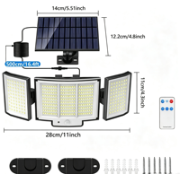 Lámpara de Pared con Sensor de Movimiento y Múltiples Cabezales, Alimentada por Energía Solar, para Exteriores, Garaje, Seguridad, Nuevo Modelo 348/428 LED