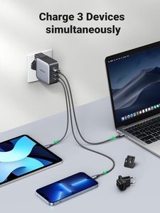 Sạc USB C UGREEN 65W, Sạc du lịch <span class=keywords><strong>3</strong></span> cổng Nexode GaN sạc nhanh quốc tế với phích cắm CN US UK EU, Bộ chuyển đổi nguồn USB C - Product Image 4