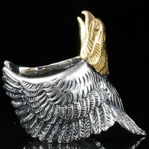 Кольцо с орлом в стиле панк с золотым покрытием, регулируемое серебряное кольцо с перьями 925