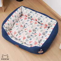 Lit pour animaux de compagnie rafraîchissant toutes saisons, bleu matelassé, rectangulaire, avec intérieur imprimé océan, pour chats et petits chiens jusqu'à 35 Jin