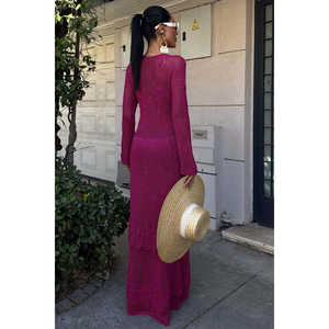 Robe tricotée ethnique à col en V, jupe superposée ample, taille naturelle, respirante, robe décontractée pour les vacances - Product Image 5