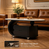 Table basse ovale moderne en marbre avec tiroirs de rangement et roulettes pour salon