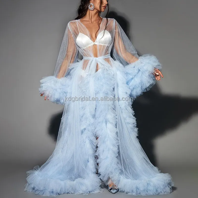 KDG Long Puffy Sleeve Nightgown Photography Pregnancy Gown tulle Sexy Blue Tulle Maternity For See Thru Women for Evening Dress