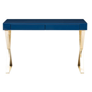 Table avec 2 tiroirs en acier inoxydable, Console de bureau avec miroir, de couleur bleu marine - Product Image 2