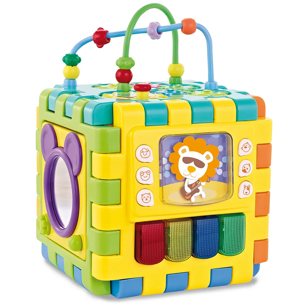 6ด้านการศึกษาของเล่นมัลติฟังก์ชั่ที่มีสีสันดนตรีเด็กกิจกรรม Cube ของเล่นที่มีเกียร์เกม