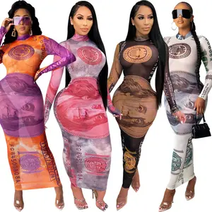 Yingchchao 2021 Fashion Hot Nieuwe Sexy Printing Chiffon Perspectief Lange Mouwen Bodycon Lange Jurk Vrouwen Kleding Avondjurk