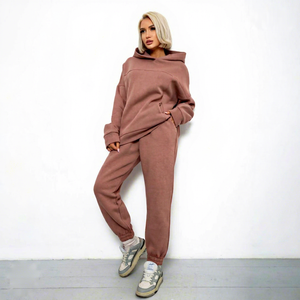 Conjunto de Sudadera con Capucha y Pantalones Deportivos para Mujer, Color Sólido, Corte Holgado, Largo Completo, Felpa de Algodón, Ropa Casual de Otoño - Product Image 1