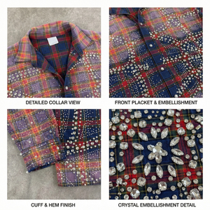 Chemise Homme à Manches Longues en Flanelle de Coton Personnalisée, Style Vintage à Carreaux avec Strass, Streetwear – Nouveauté du Fournisseur - Product Image 2