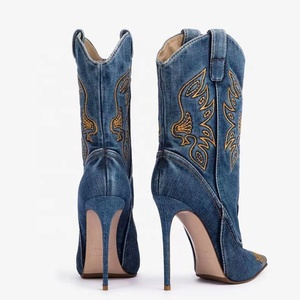 Large Size 44 Denim Short <b>Pants</b> <b>Boots</b> Thin High Heels Pointed Toe Embroidered Ankle Booties Women's Trend on Jeans Shoes - Product Image 4