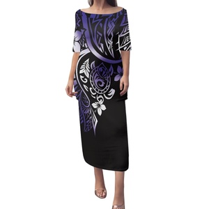 Abito Puletasi blu da donna 1MOQ Samoa marrone polinesiano Design tribale a spalla estivo in poliestere personalizzato - Product Image 5