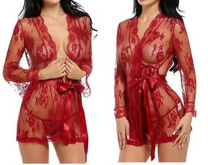 2-piece Transparent Lace Sexy Robe Nightgown Plus Size Women's Sleepwear With Panty - Product Image 2