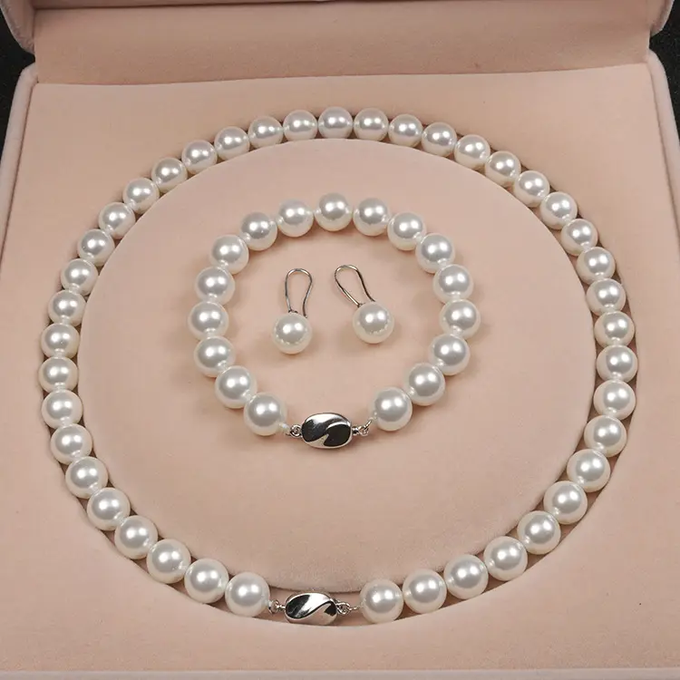 Atacado moda de casamento 8mm 10mm, branco, rosa, roxo, pulseira de pérola, brincos, colar, conjuntos de joias para mulheres para o dia da mãe