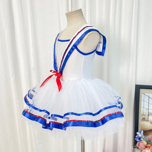 Vestido de Ballet Estilo Marinero para Niñas, Disfraz de Danza con Temática Náutica, Falda de Tul Blanca con Adornos Rojos y Azules y Lazo - Product Image 4