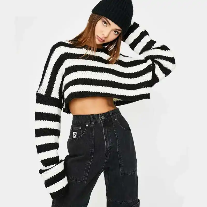 Wholesale Fashion Long Sleeve Crew Neck Knit Striped Pullover Ladies Sweater