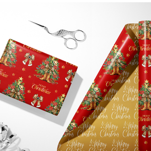Papel de regalo navideño con estampado dorado de doble cara, rojo y azul, con diseño de campanas y árboles de Navidad, estilo novedoso para Navidad. - Product Image 1