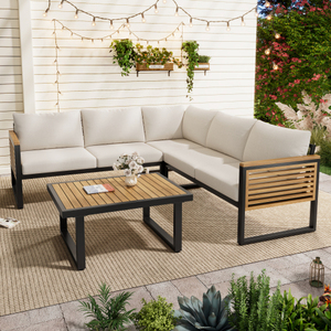Moderno Conjunto de Sofás de Patio de 4 Piezas en Madera de Acacia, Estilo Hotel, Seccional de Esquina con Estructura Metálica y Cojines Impermeables - Product Image 2