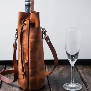 Tas pembawa botol air yang dapat digunakan kembali dengan tali tas anggur kulit pribadi bergaya untuk pemegang botol anggur