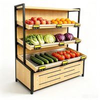 Étagère de présentation de fruits et légumes en acier inoxydable et bois pour magasins de produits frais