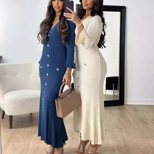 Nút ve áo mỏng phù hợp với dệt kim của phụ nữ dài tay áo lần lượt xuống cổ áo len ăn mặc nút sườn Slim ribeed thanh lịch Maxi Dress - Product Image 1