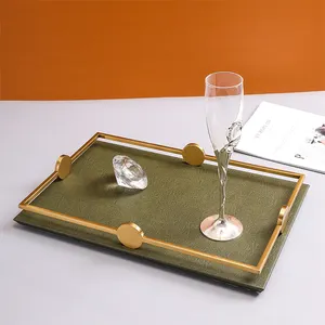 Hotel Serving Tray Customised Light Luxury Gold Stainless Steel High-grade Leather Hotel Service Tray