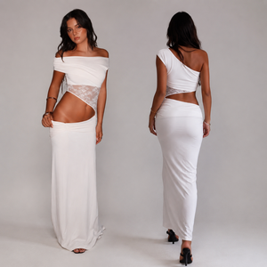 Women's <b>White</b> Sheer Lace Cutout Natural Waist Club Evening Gown Asymmetric Off-Shoulder <b>Wrap</b> Mermaid Maxi Dress Breathable - Product Image 1