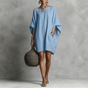Vestido Casual Elegante de Manga Raglán y Color Sólido Estilo Retro Europeo/Americano para Mujer, Colección Transfronteriza 2026 - Product Image 1