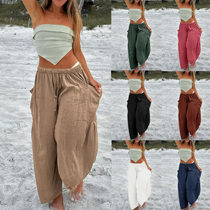 Nuovi <span class=keywords><strong>Pantaloni</strong></span> Larghi da <span class=keywords><strong>Donna</strong></span> a Vita Alta con Pieghe, in Cotone e <span class=keywords><strong>Lino</strong></span>, con Elastico in Vita, Casual, per l'Estate 2026 - Product Image 2