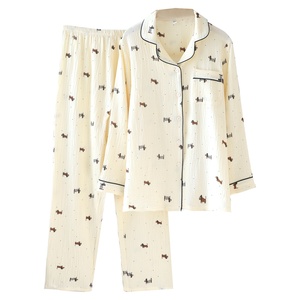 <span class=keywords><strong>Pijamas</strong></span> de pareja de crepé para mujer y <span class=keywords><strong>hombre</strong></span>, de doble capa, de gasa tejida, de algodón puro, transpirables, cómodos, con dibujos animados. - Product Image 5