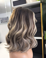 Pelucas de Cabello Humano con Frente de Encaje 13x4 para Mujer, Onduladas, Rubio Ceniza Balayage con Reflejos de Mechas y Línea de Cabello Natural