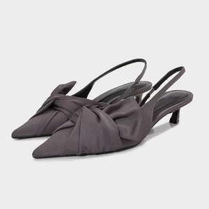 Women Stylish Pointed Toe <strong>Low</strong> <strong>Heel</strong> Slides Gray Fabric Bow Detail Open Back <strong>Sandals</strong> Casual Daily Wear <strong>Evening</strong> - Product Image 1