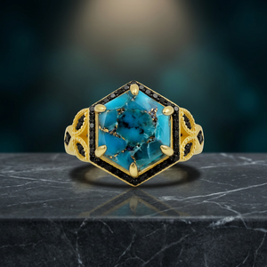 GOURIK Natural Turquoise <b>Black</b> Spinel Vintage Bohemian Style 925 Sterling Silver Gold Plated Women's Engagement Wedding <b>Ring</b> - Product Image 2