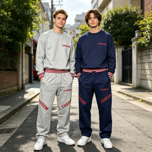 Ensemble de survêtements pour hommes personnalisés, taille élastique avec cordon de serrage, style décontracté d'automne, tissu respirant 100% coton, gris et marine - Product Image 1