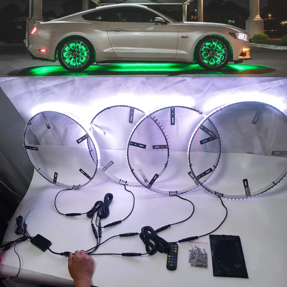 MISUN çift sıra LED RGBW tekerlek halka ışık 17 inç oto halka ışık aydınlatma kiti araba kamyon tekerlekleri için su geçirmez app kontrolü ile