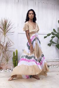 ชุดแมกซี่มัดย้อมสำหรับผู้หญิงชุดเดรสชายหาดมีกระดุมตกแต่งสไตล์โบฮีเมียนเปิดหลังเอวธรรมชาติสไตล์ทันสมัยสำหรับฤดูร้อน - Product Image 5