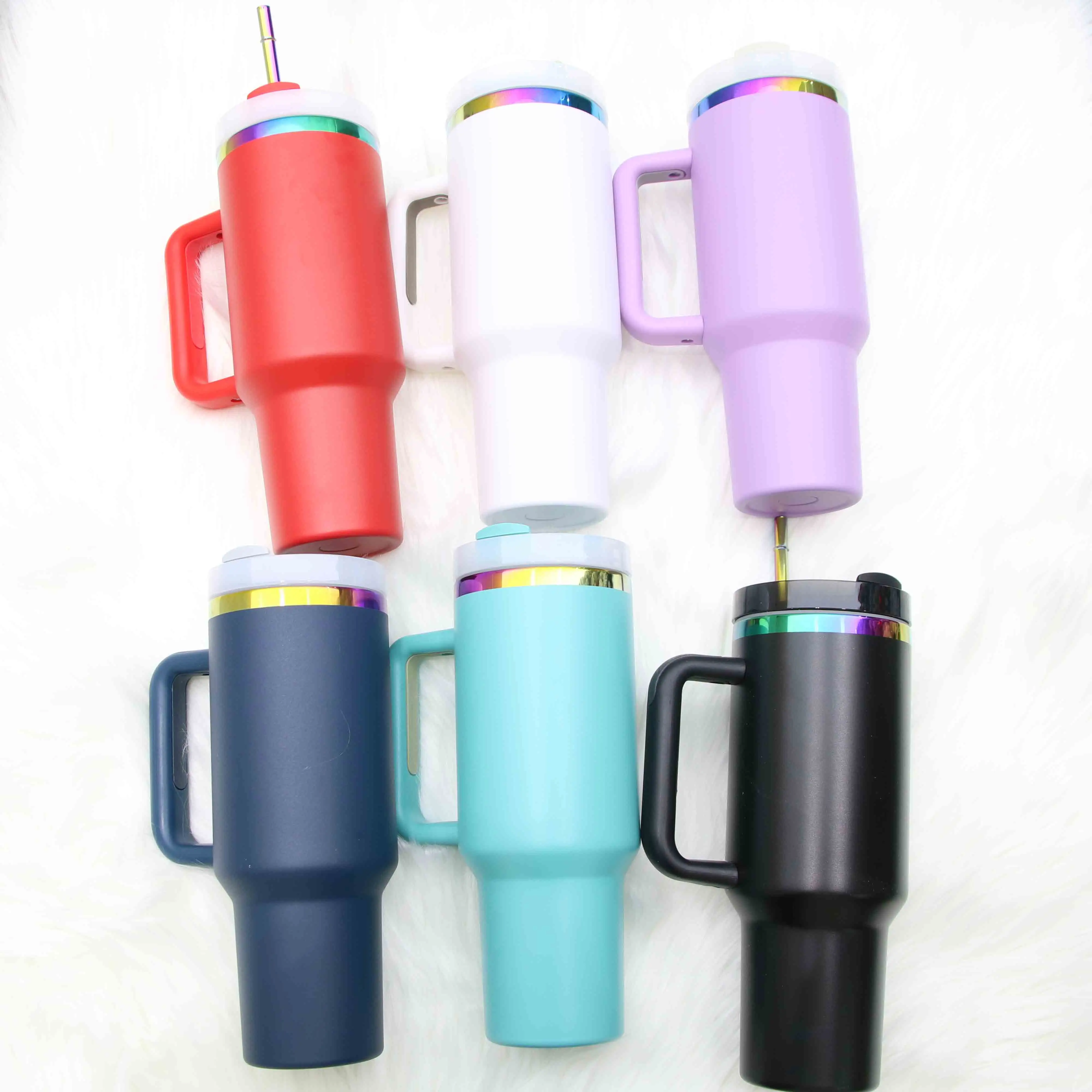 Rainbow 40oz stainless steel vacuum insulated tumbler with quencher 40oz travel mug thermos cup tumbler with handle straw lid