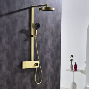 Ensemble de douche allemand gris bronze, en laiton massif, pour eau chaude/froide, avec pommeau de douche relevable et grand pommeau de douche finition or brossé - Product Image 1