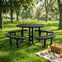 Table de pique-nique ronde noire de 78 pouces pour l'extérieur avec chaises, ensemble robuste pour jardin/terrasse/camping avec bancs, en métal expansé