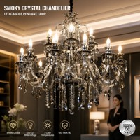 Lámpara Colgante de Cristal Ahumado con LED, Estilo Candelabro, Marco de Metal Negro para Sala de Estar, Hotel, Villa, Venta al Por Mayor