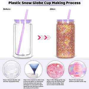 كوب بتصميم كرة الثلج بسعة 16 أونصة، صديق للبيئة، معزول بجدار مزدوج من البلاستيك، تصميم نحيف مع جليتر، غطاء من مادة البولي كربونات وماصة، لهدايا الشاي والنبيذ - Product Image 4