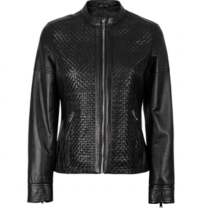 Chaqueta de cuero genuino negra con textura tejida para mujer, estilo motociclista, con cremallera y cuello alto, venta al por mayor, diseño de LOGO personalizado 2026 - Product Image 1