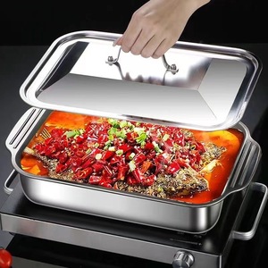 Stainless Steel Fish Baking Pan Rectangle With Lid Double Handles Oven Safe For Home And Commercial Use Induction Compatible - Product Image 1