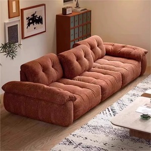 Divano Modulare Dritto in Tessuto Chenille Trapuntato Stile Retrò Mid-Century, Seduta Profonda, Imbottito, per Soggiorno in Stile Crema Francese - Product Image 1