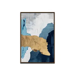 Hand Painted Mixed Blue Painting&Gold Foil Artwork for Living Room