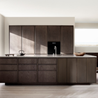 Îlot de cuisine moderne YK complet, table en contreplaqué étanche avec verre, armoires de cuisine entièrement équipées, design soigné