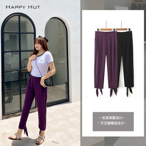 Pantalones de crepé morados para mujer Happy Hut con abertura y cremallera, talla grande, transpirables, de nueve puntos, para mujeres con curvas - Product Image 2