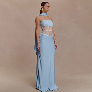 Vestido de noche sin tirantes con panel de encaje transparente, cintura natural, vestido largo para banquetes y citas. - Product Image 2