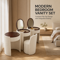 Ensemble coiffeuse rembourré crème avec miroir rond rabattable, rangement dissimulé, chaise assortie, mobilier de chambre