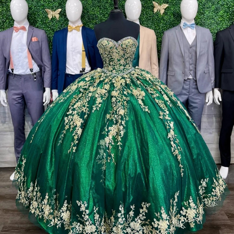 Mily Bridal MQ158 Emerald Green Quinceanera Dresses Sweetheart Off Shoulder  Gold Appliques Lace Corset Prom Party Vestidos De 15| Alibaba.com
