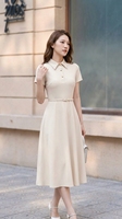 Robe midi élégante pour femme à manches courtes, col et jupe trapèze, idéale pour le bureau, prix d'usine